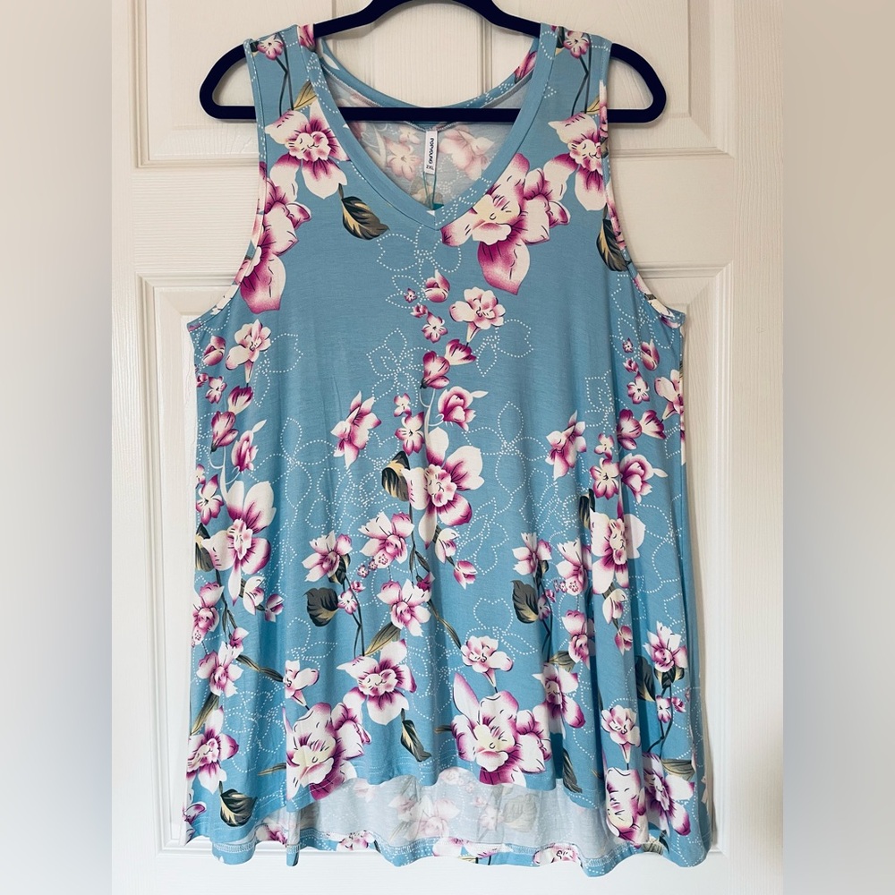 🌸 Popyoung Blue Floral Sleeveless Tunic | 2 XL | Casual Summer Vibes